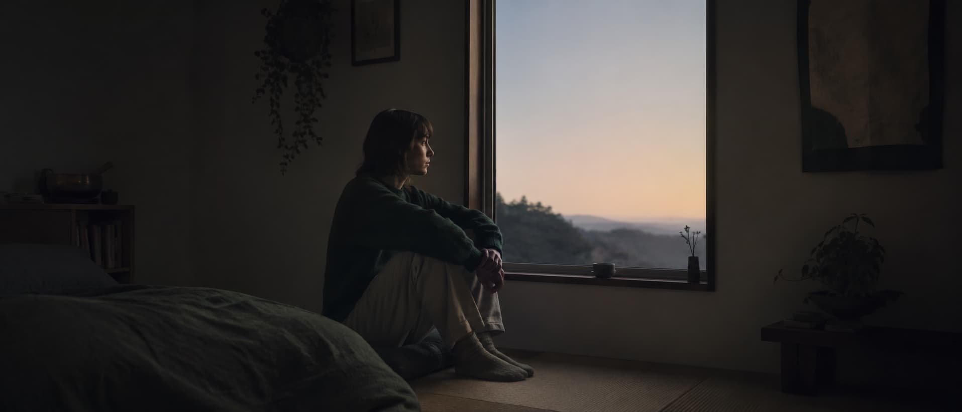 A person sitting quietly by a window at dusk.