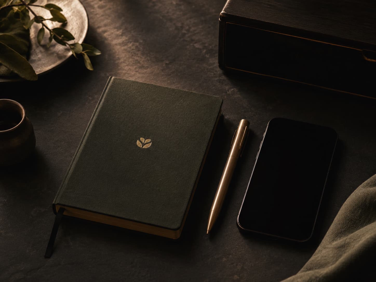 A dark journal, pen, and phone arranged on a quiet table.