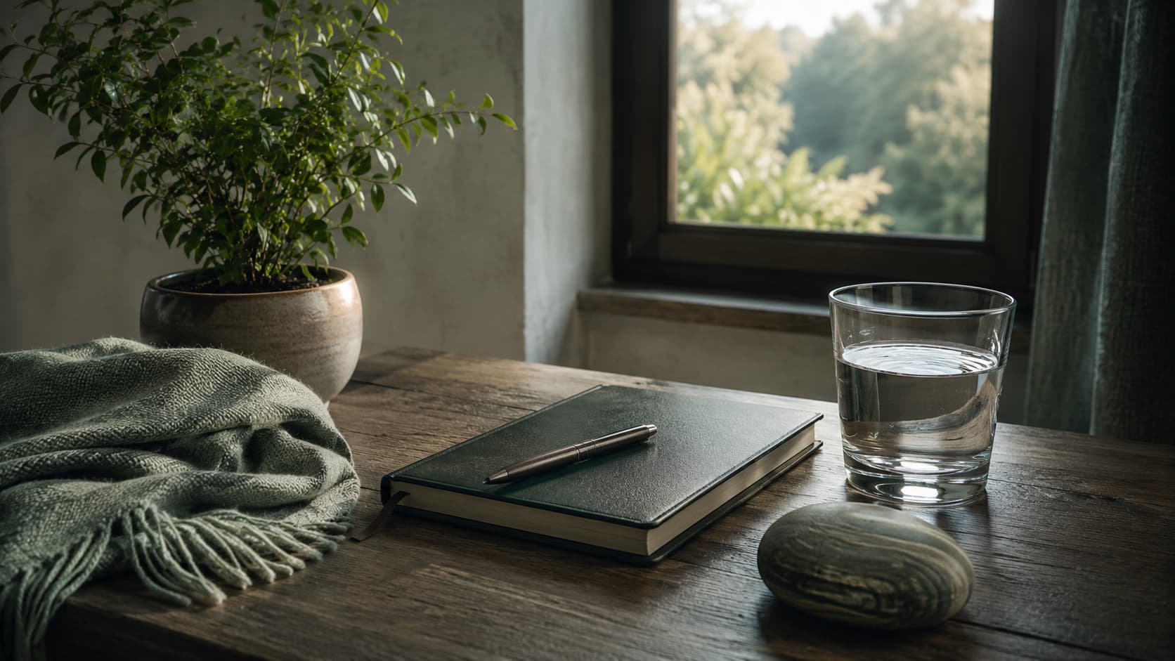 A grounding table with water, journal, plant, cloth, and stone.