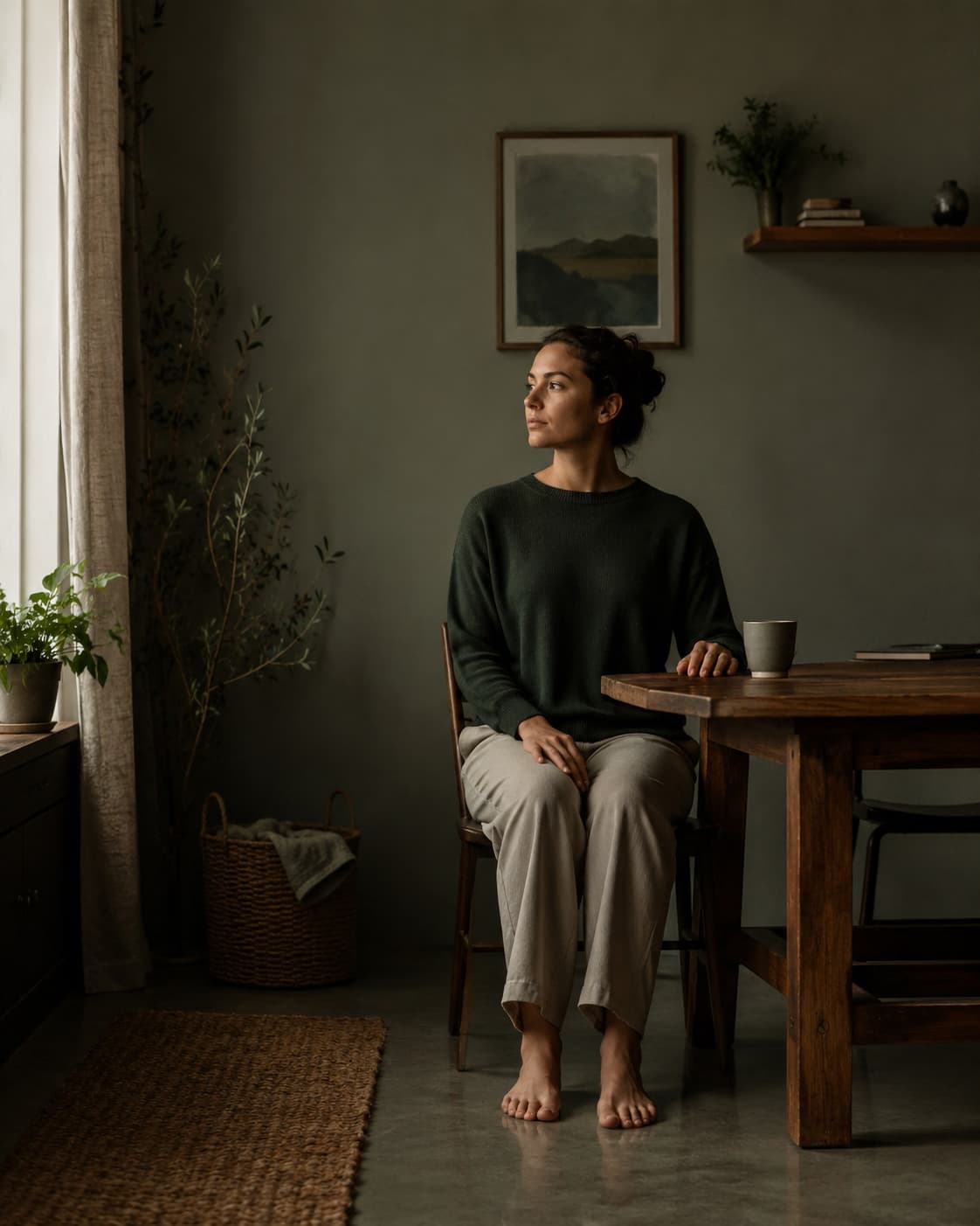 A person seated upright beside a table in a quiet room.