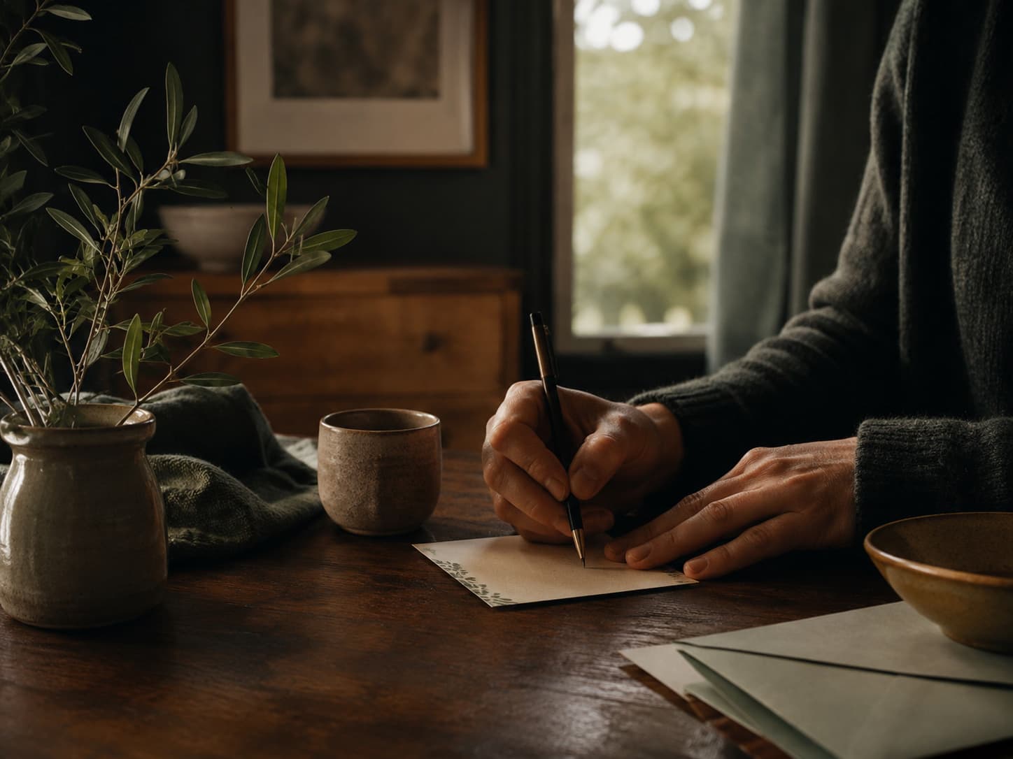 Hands writing a note beside tea and a small plant.